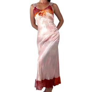 Antique Hand Dyed Rayon Slip Dress Pink Orange Ice Dye Lace Trim Long Nightgown